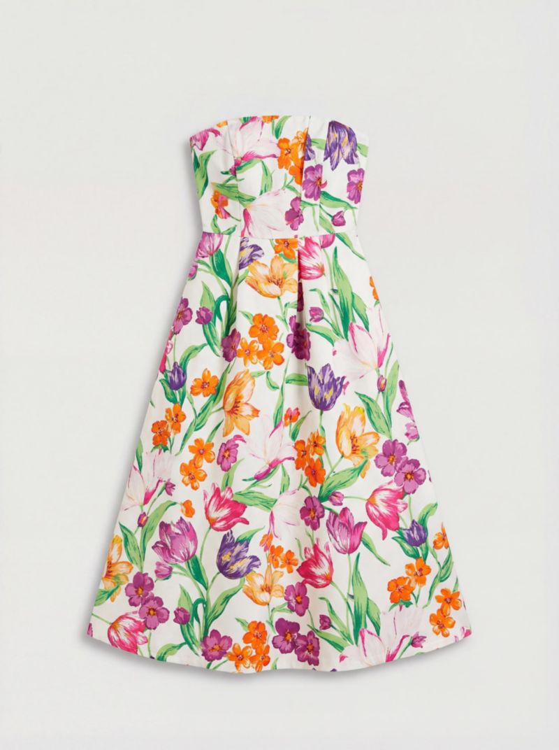 Women's Floral Twill Strapless Midi Dress