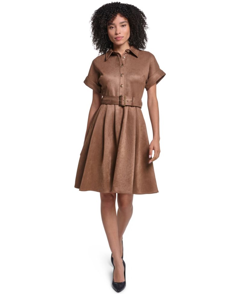 Women's Faux Suede Belted Shirtdress