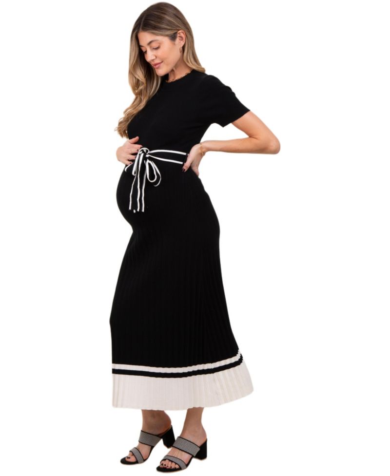 Women's Black Ribbed Knit Pleated Midi Dress
