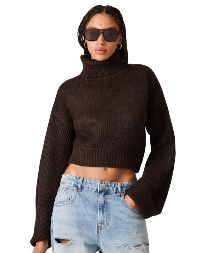 Women's Adelaide Oversized Cropped Ribbed-Knit Long-Sleeve Turtleneck Sweater