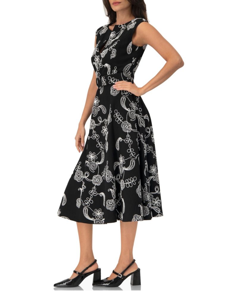 Women's Embroidered Belted Midi Dress