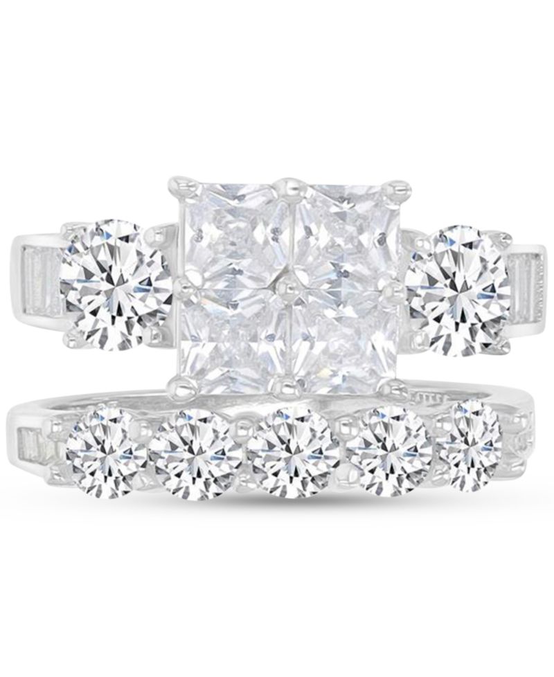 Cubic Zirconia Mixed Cut Quad Cluster Bridal Set in Sterling Silver