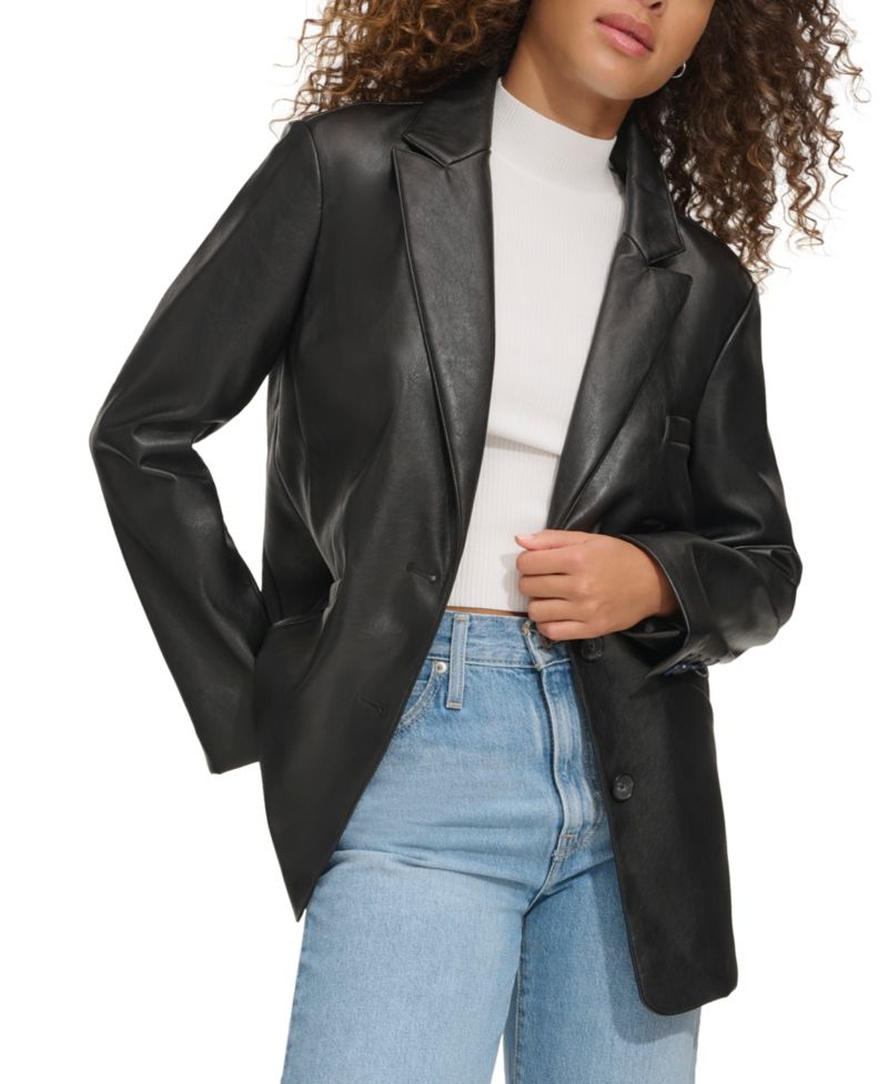 Plus Size Faux-Leather Peak-Lapel Blazer