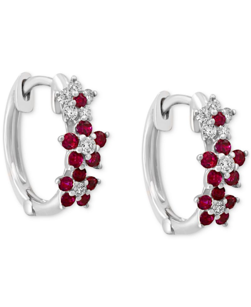 Ruby (1/3 ct. t.w.) & Diamond (1/8 ct. t.w.) Extra-Small Flower Hoop Earrings in 14k Yellow Gold, 0.15" (Also available in Sapphire)