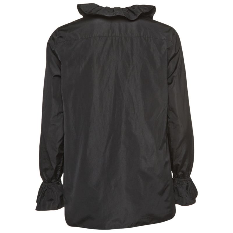 Women's Black Silk Blend Crepe Ruffled V Neck Top