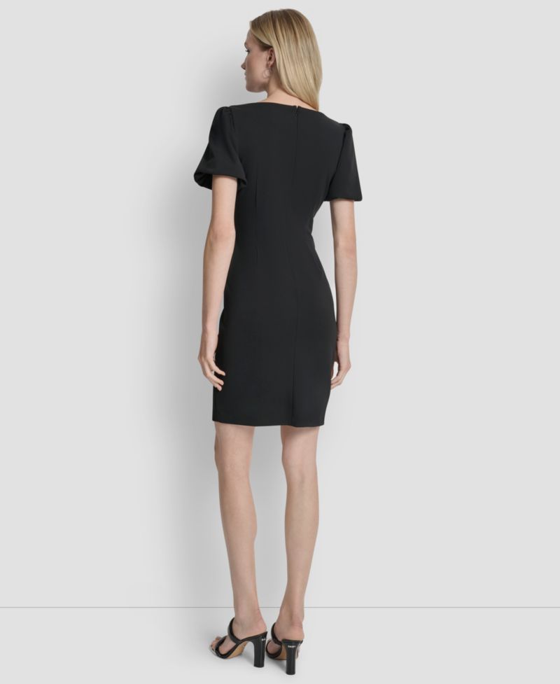 Women's Bubble-Sleeve Scuba Crepe Ruched Sheath Dress