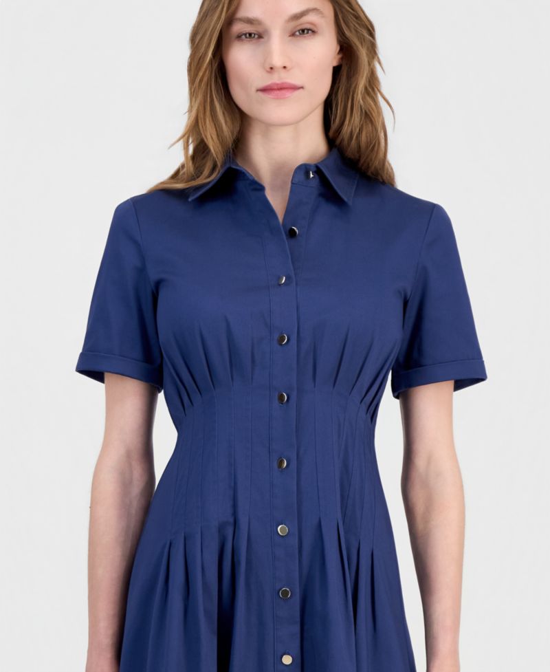 Women's Pleated-Waist Midi Shirt Dress