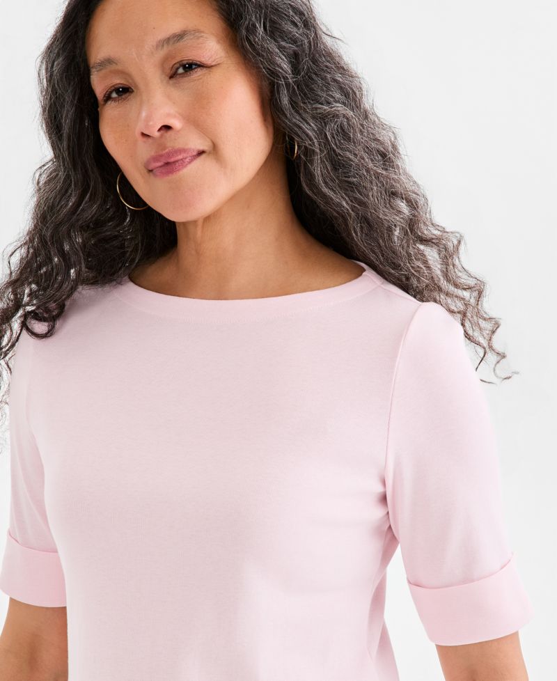 Petite Cotton Elbow-Sleeve Boat-Neck Top