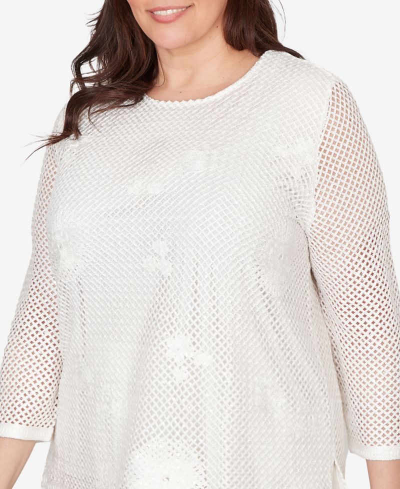 Plus Size Natural Wonder Sequin Mesh Flower Top