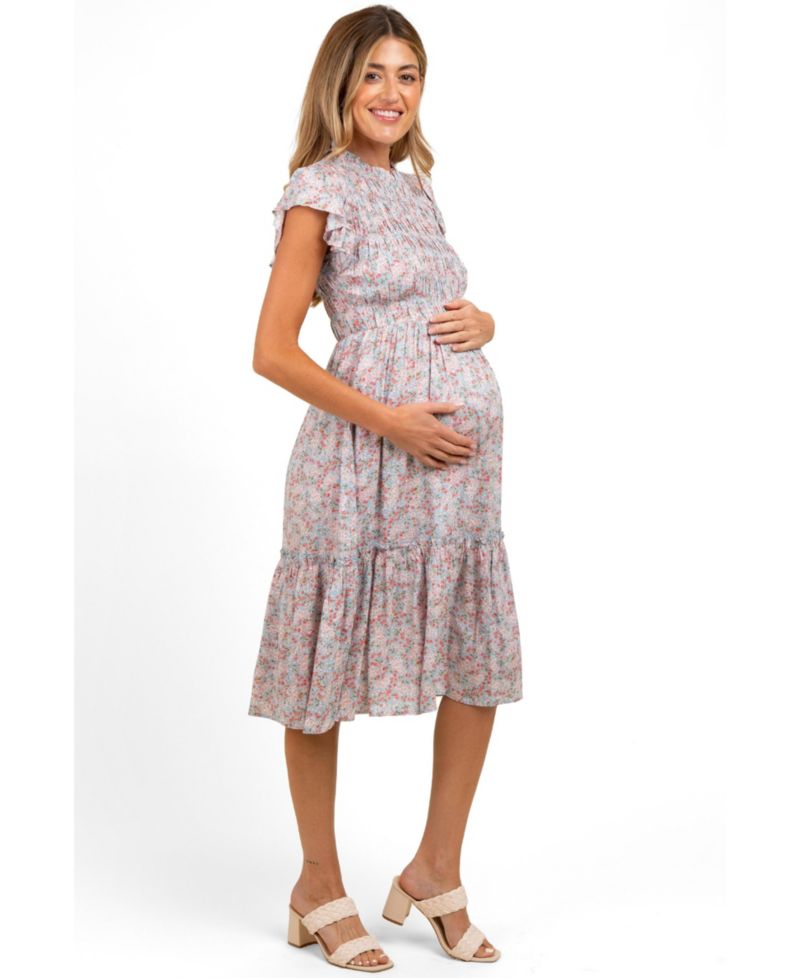 Women's Pink Floral Mock Neck Smocked Ruffe Sleeve Midi Dress