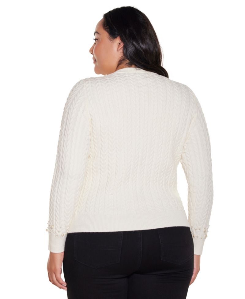 Plus Size Fitted Cable-Knit Crewneck Cardigan Sweater
