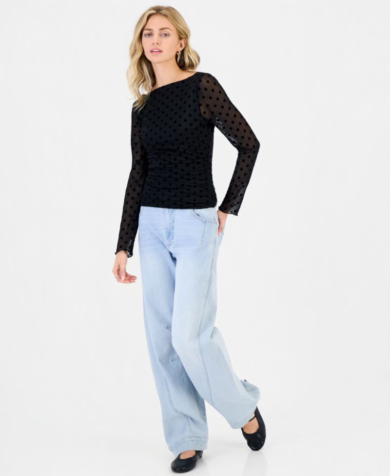 Juniors' Ruched Flocked Long-Sleeve Top