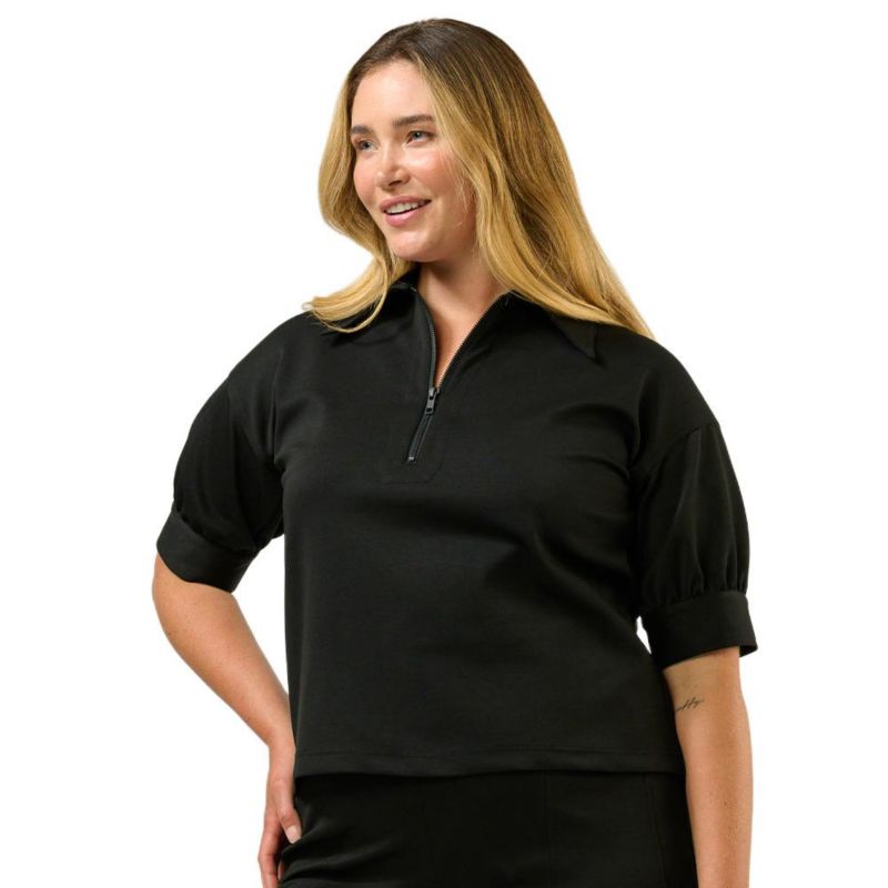 Plus Size Jolene Ponte Collared Zip-Up Short Sleeve Top