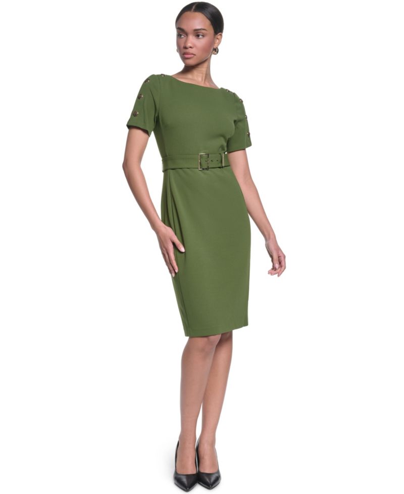 Women's Scuba Crepe Sheath with Shoulder Buttons Dress