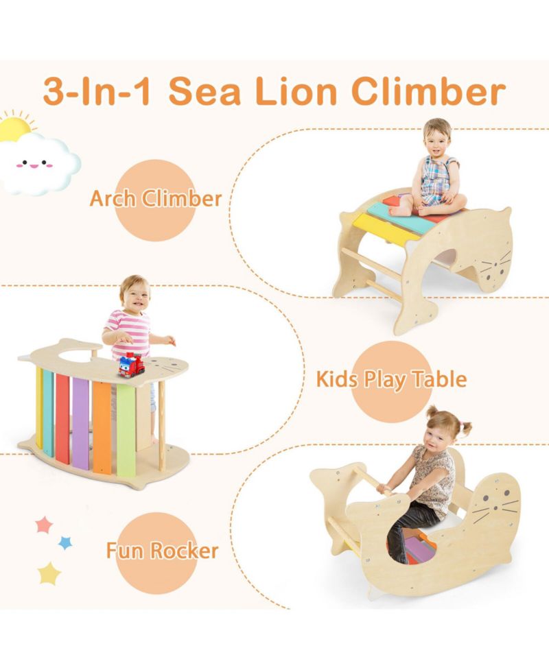 Ages 3+ 7-in-1 Indoor Climbing Gym with Reversible Ramp and Sea Lion Rocker, 4-Piece Set