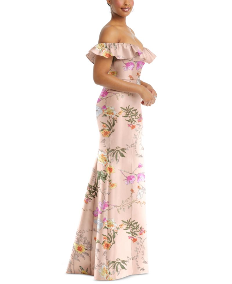 Women's Off-the-Shoulder Ruffle Neck Floral Satin Trumpet Gown