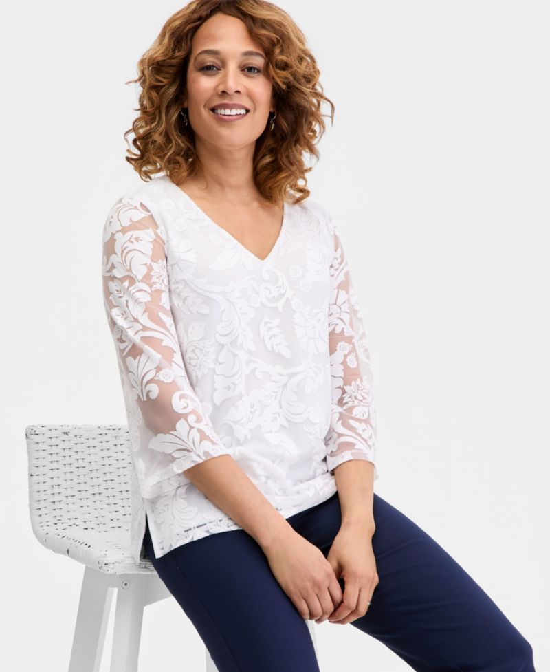 Women's 3/4-Sleeve Allover Burnout V-Neck Top