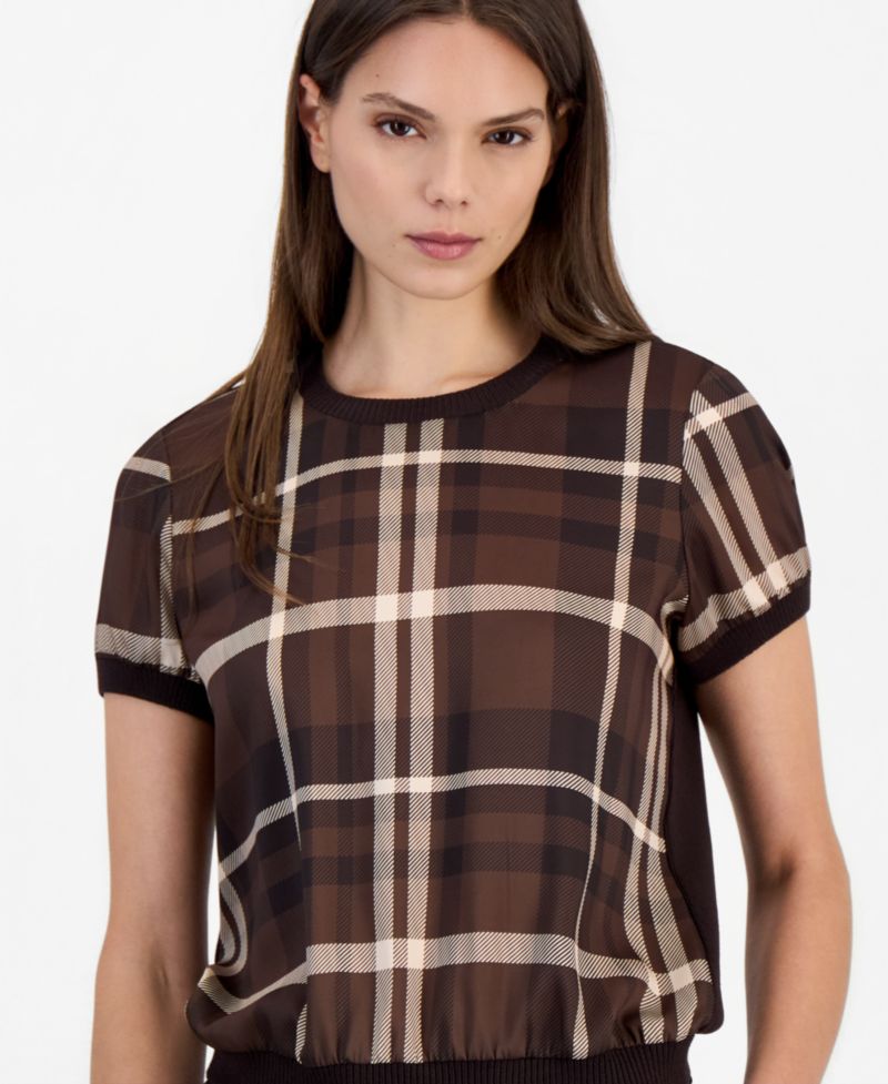 Women's Crewneck Short-Sleeve Plaid-Print Sweater
