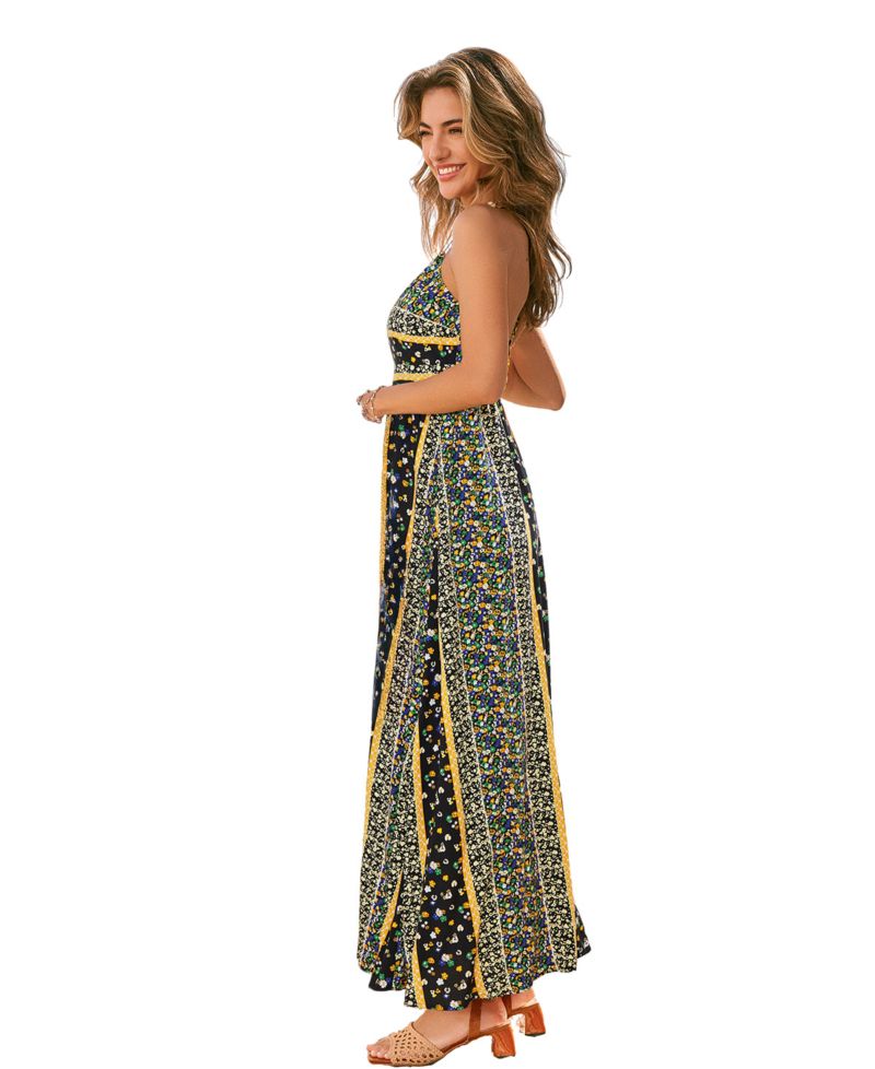 Women's Floral Print Halter Neck Side Slit Maxi Dress