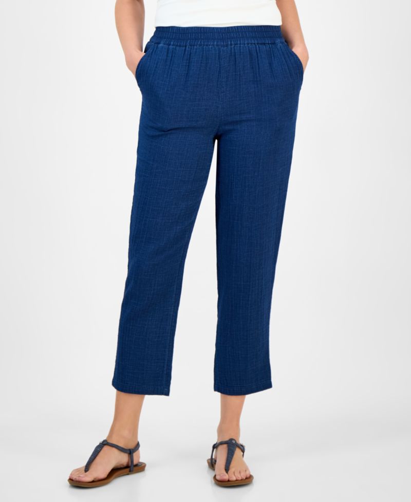 Petite Cotton Indigo Gauze Mid-Rise Pull-On Pants
