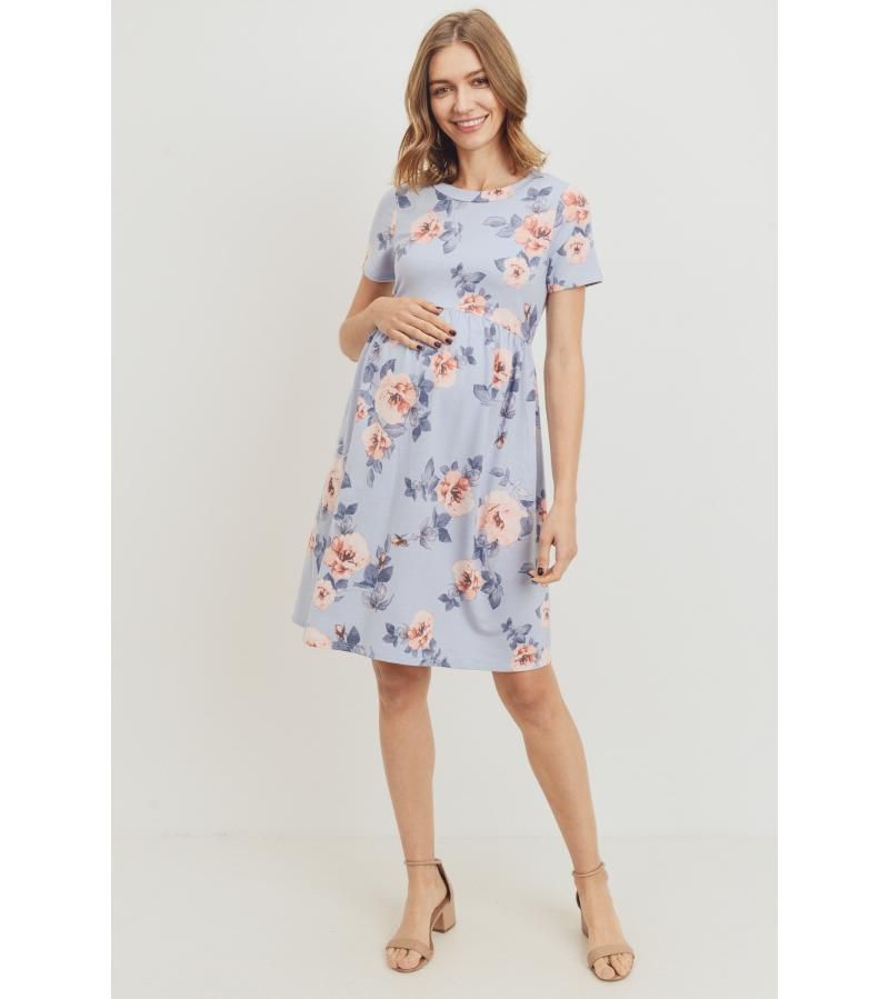 Women's Floral Print Empire Waist Short Sleeve Knit Dress with Pockets