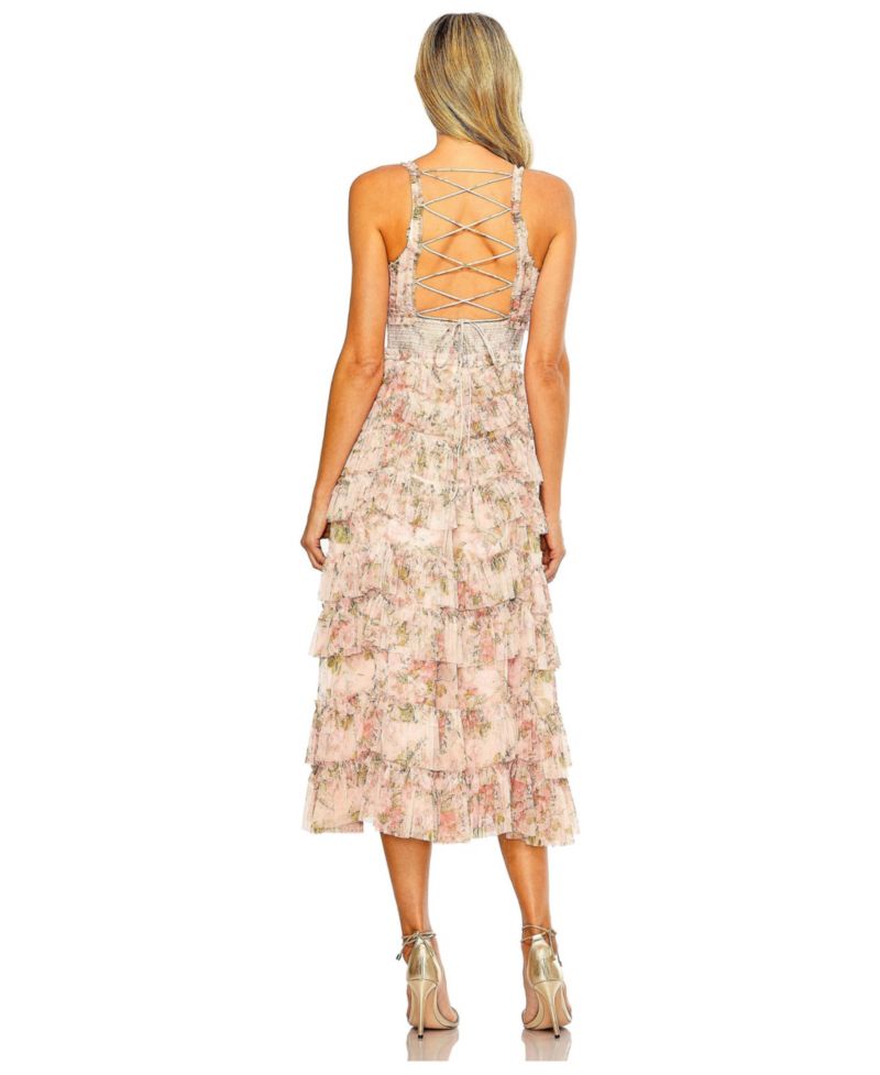 Women's Sleeveless V Neck Floral Mesh Ruffle Midi Dress