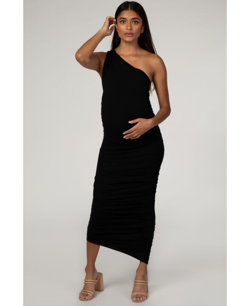 Women's Black Ruched One Shoulder Dress