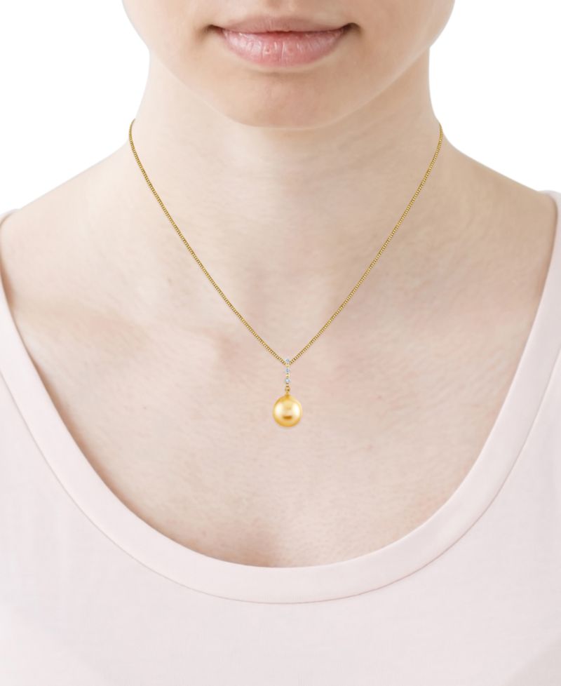 Cultured Golden South Sea Pearl (11mm) & Diamond Accent Pendant Necklace in 10k Yellow Gold
