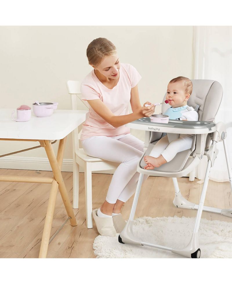 Baby High Chair w/ 7 Height and 3 Footrest Adjustable Cup holder 2 Wheels