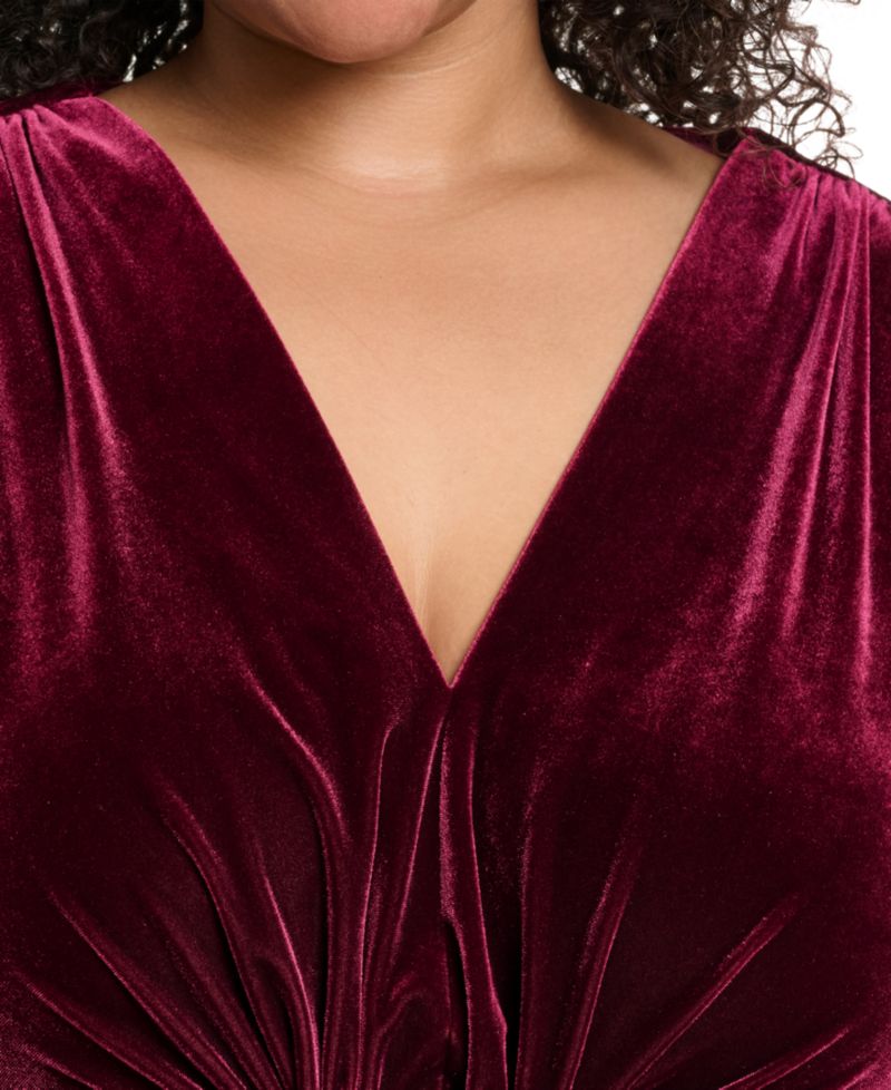 Plus Size Twist Front Long-Sleeve Cocktail V-Neck Velvet Dress