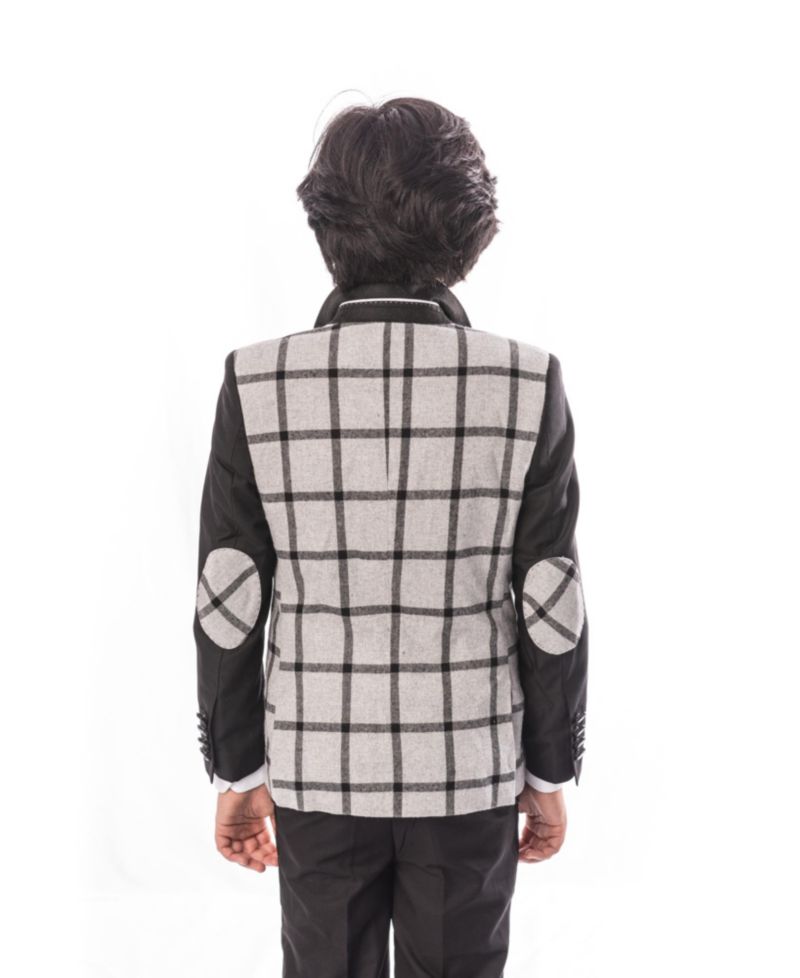 Boys Grey Slim Fit Windowpane Plaid Blazer