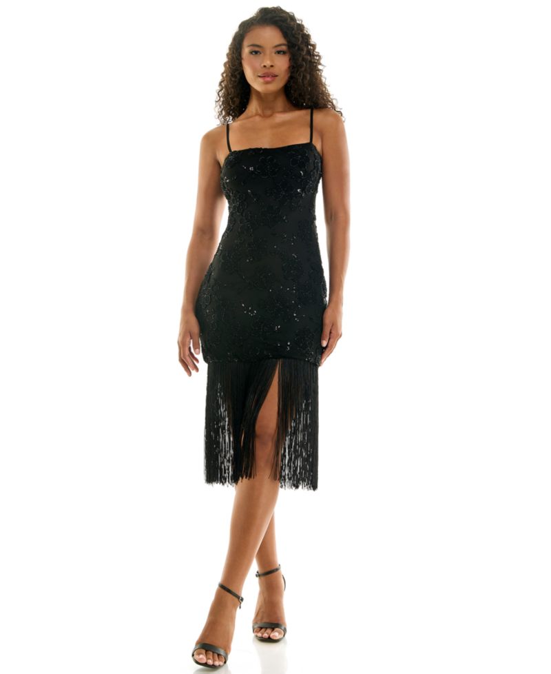 Women's Square Neck Floral Beaded Fringe Dress