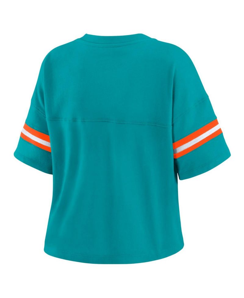Women's Aqua Miami Dolphins Color Block Boxy Modest Crop V-neck T-shirt