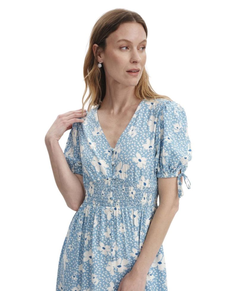 Women's Margot Button Through Midi Floral V-Neck Puff Sleeve Dress