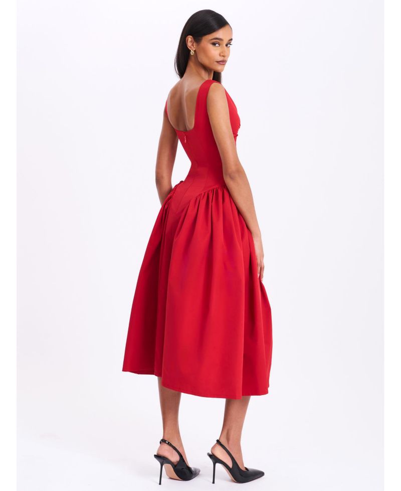 Women's Nahla Red Drop Waist Midi Dress with Buttons