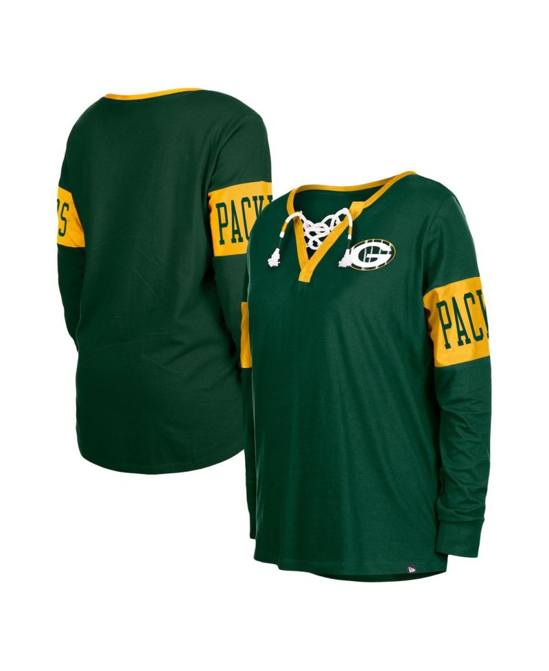 Women's Green Green Bay Packers Lace-Up Notch Neck Long Sleeve T-shirt