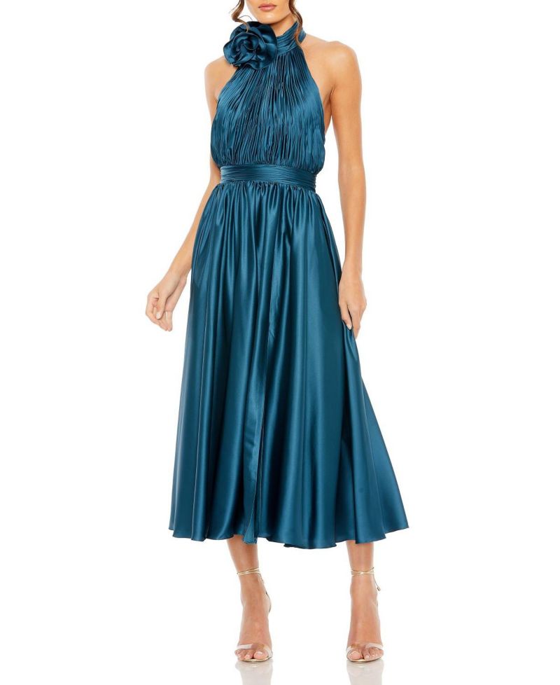 Women's Pleated Charmeuse High Neck Sleeveless Midi Dress