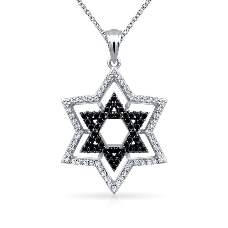 Black White Hanukkah Star of David Pendant Necklace .925 Sterling Silver