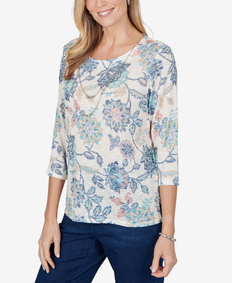 Petite Floral-Print 3/4-Sleeve Side-Slit Blouse
