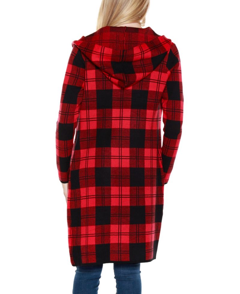 Women's Hooded Checkered Plaid Coatigan Sweater