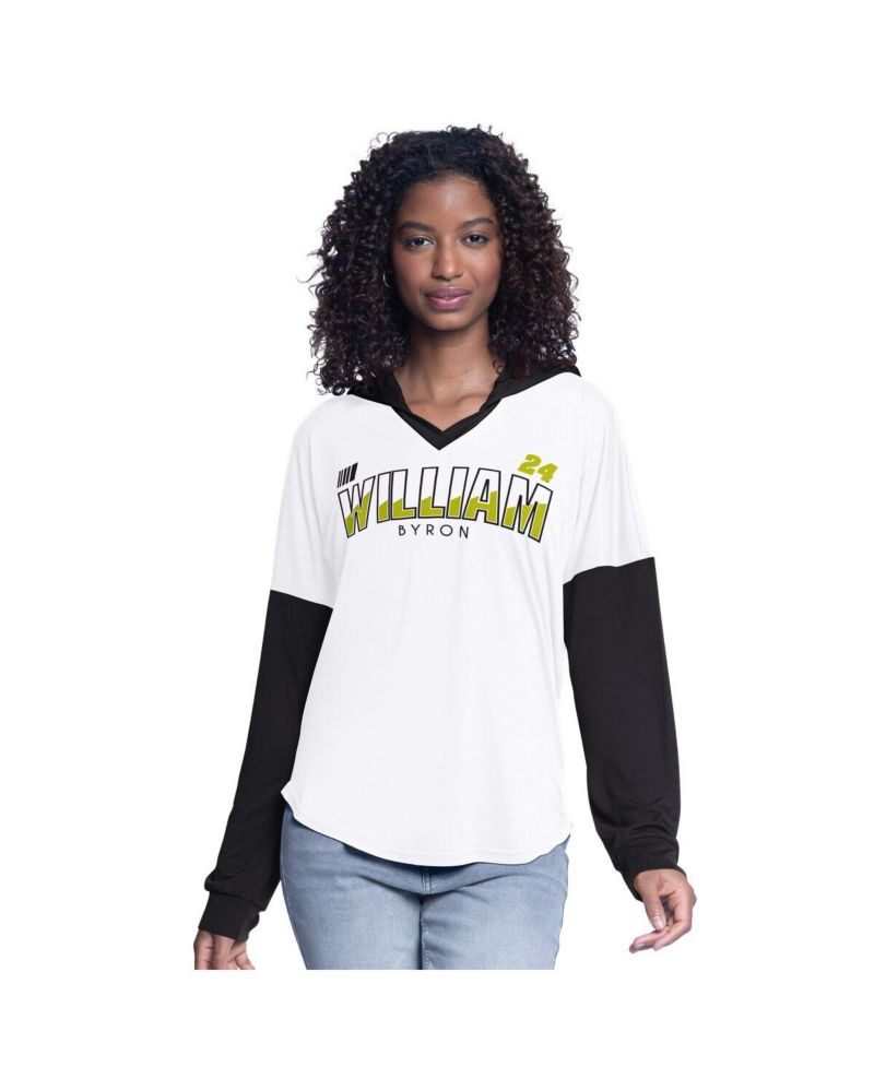 Women's White/Black William Byron Bench Player Oversized Long Sleeve Hoodie V-Neck T-Shirt