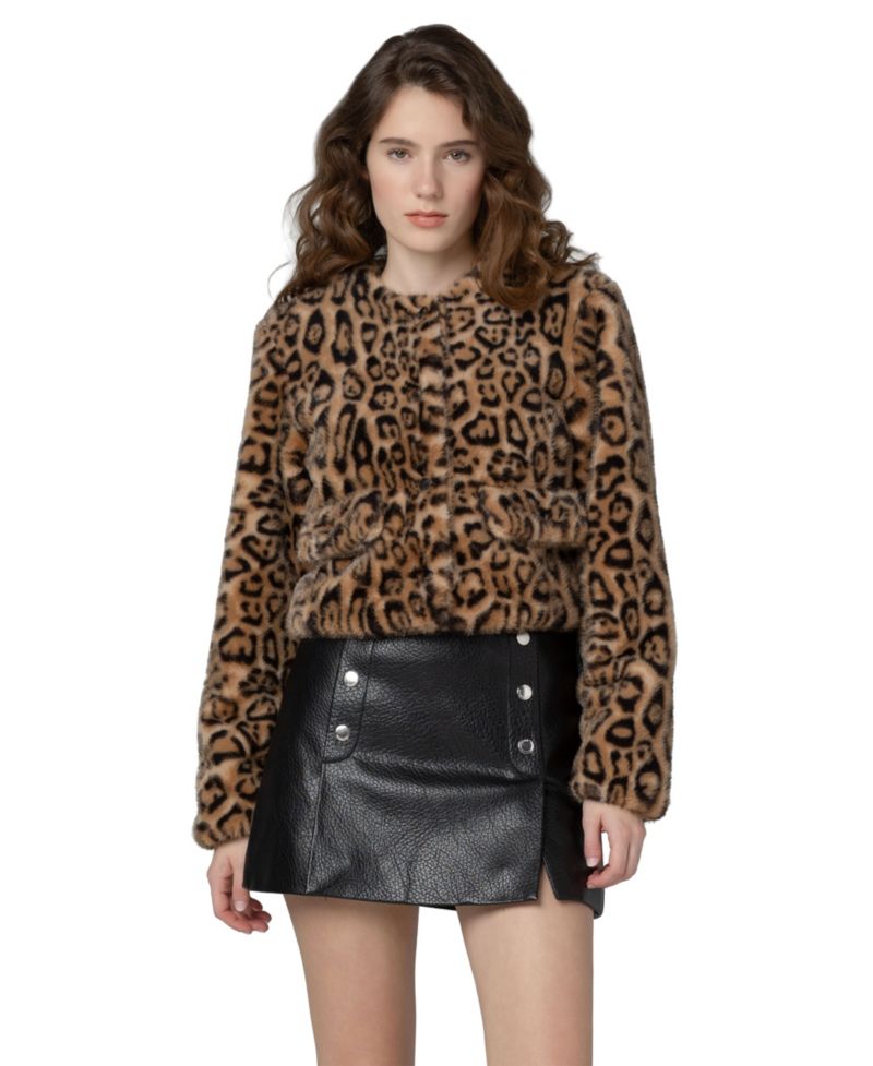 Women's Animal Instinct Leopard-Print Faux Fur Collarless Jacket