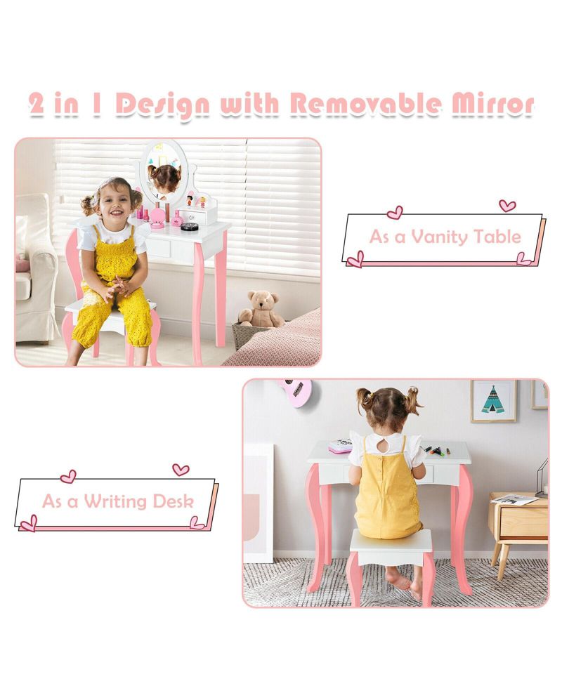 Kids Vanity Princess Makeup Dressing Table Stool Set with Mirror and Drawer