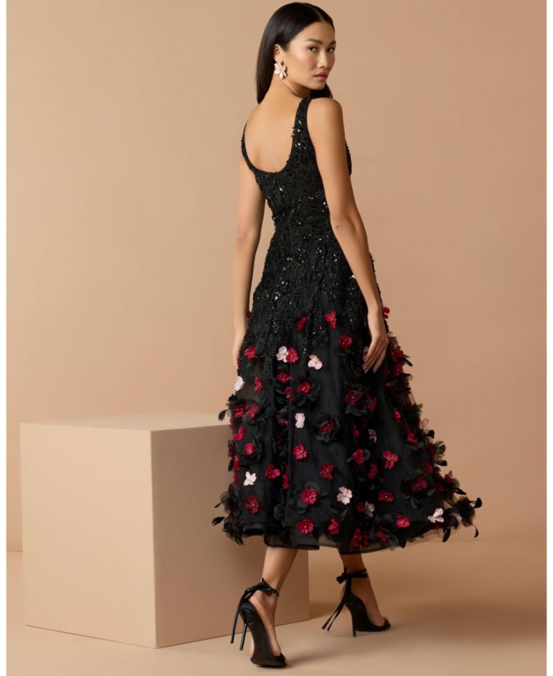 Petite Sleeveless Beaded Midi Dress With 3D Flowers