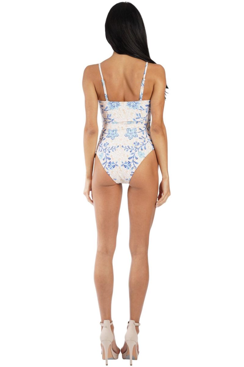 Women's Blue Floral Cut-Out One Piece Swimsuit - Elegant Resort Swimwear