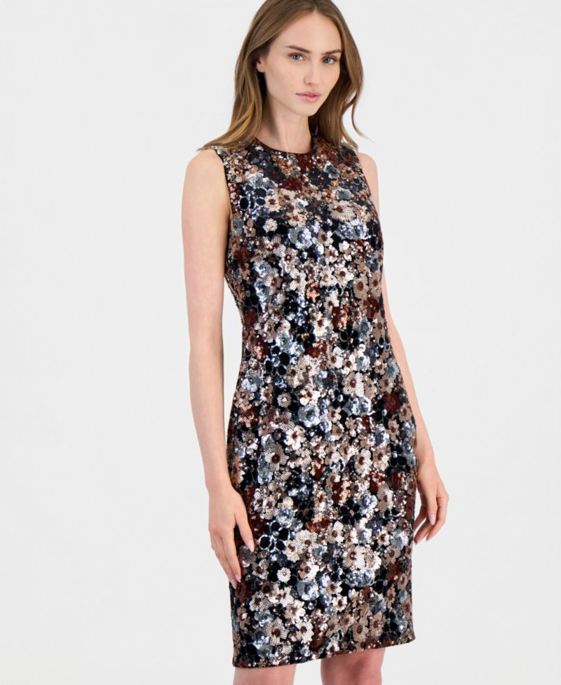Women's Sequined-Floral Scoop-Neck Sheath Dress