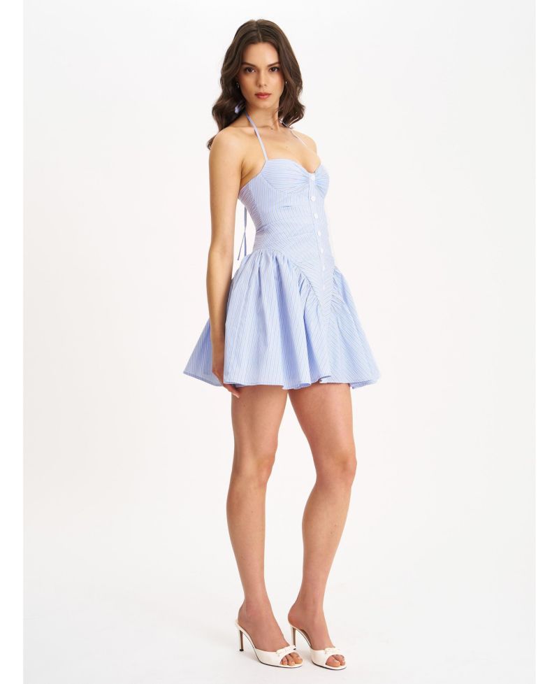 Women's Melody Baby Blue Railroad Stripe Halter Drop Waist Mini Dress