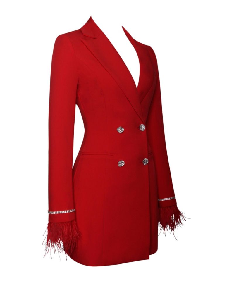 Women Quilla Red Feather Crystal Sleeve Backless Blazer Dress