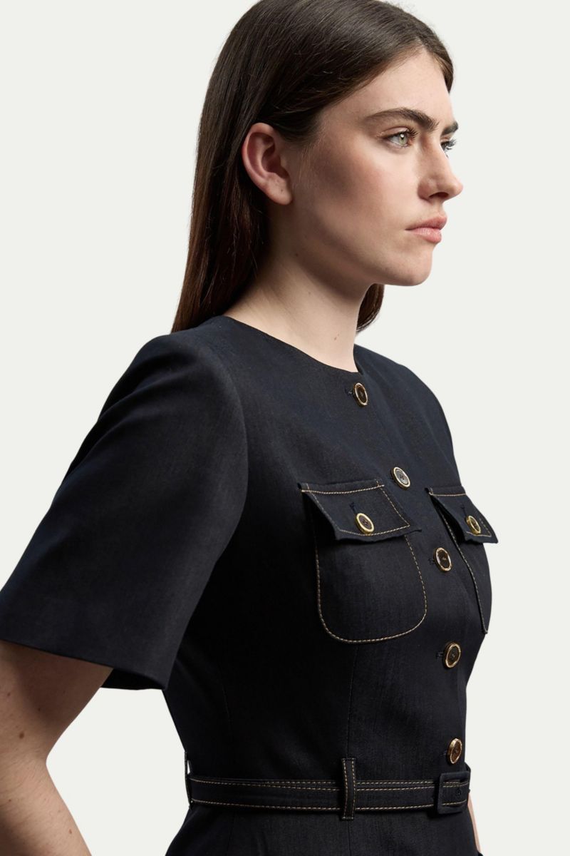 Women's Tailored Denim Belted Midi Dress