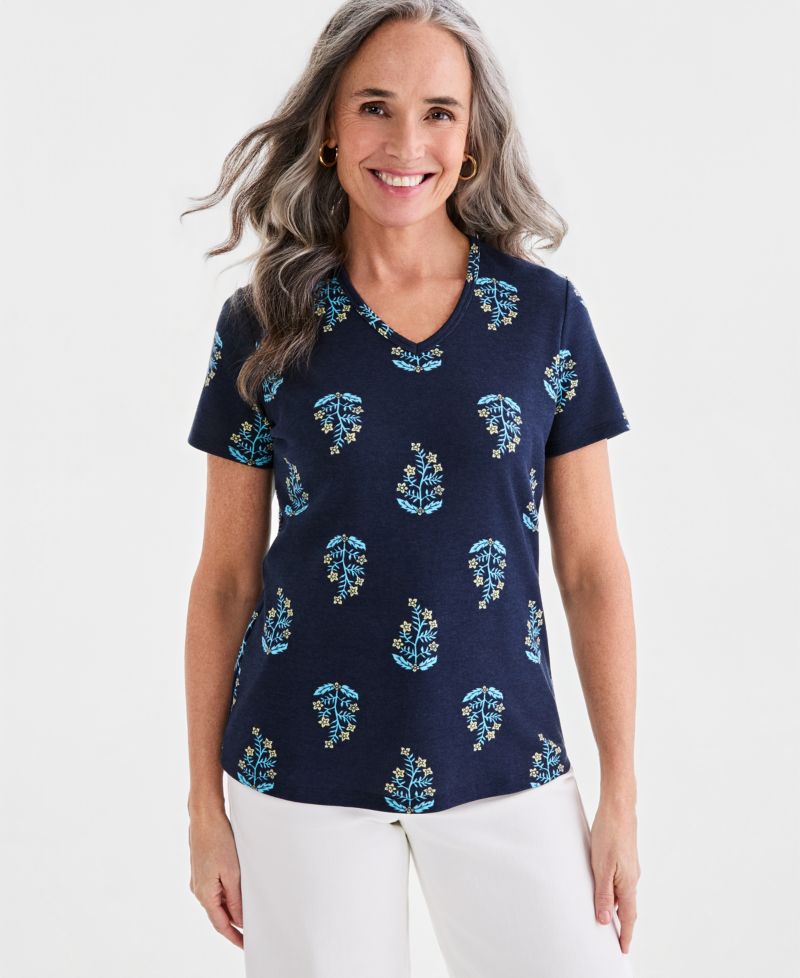 Petite V-Neck Floret Patch Top